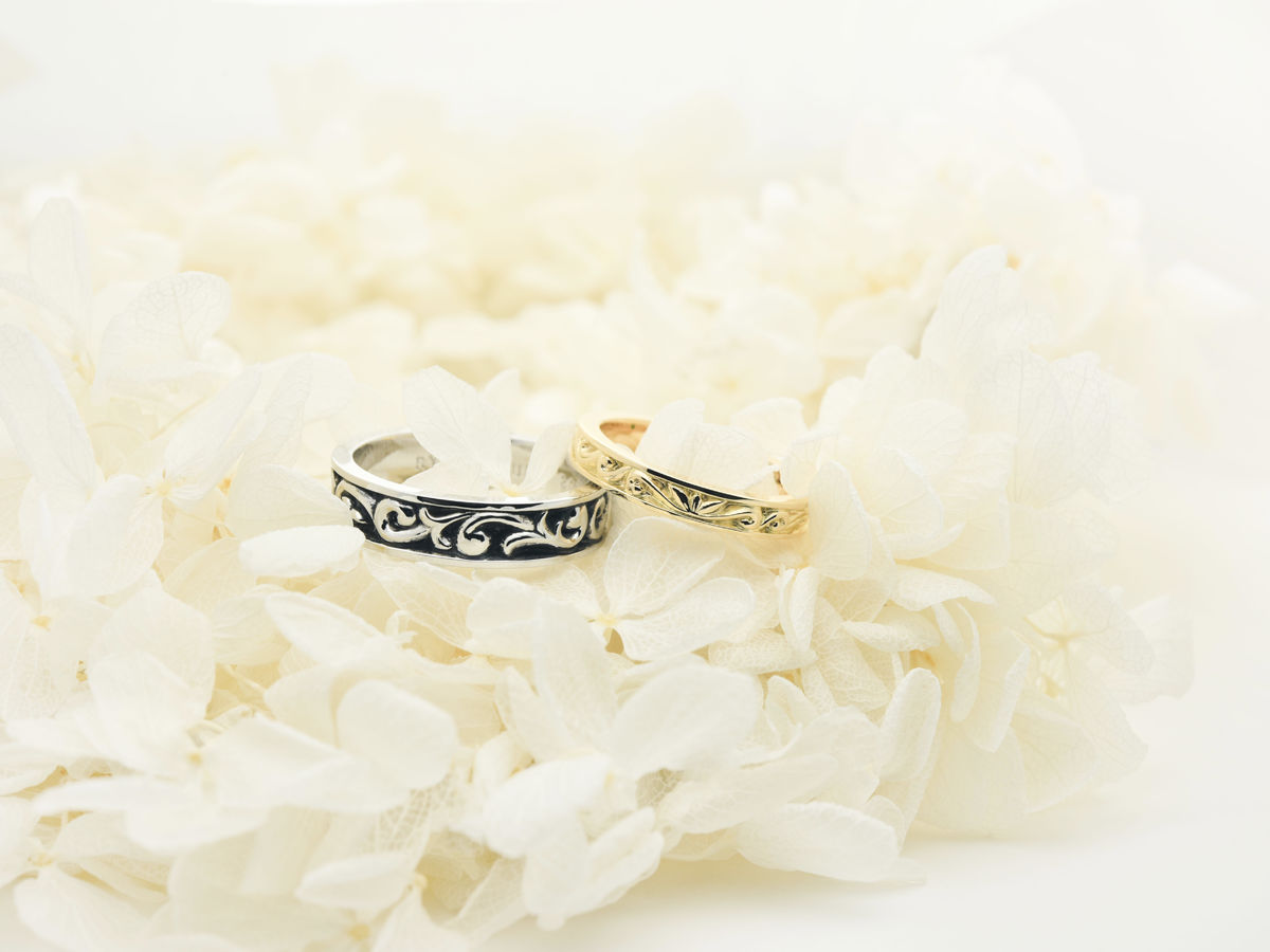 草木の模様を立体的に彫り込んだ手作り結婚指輪 千葉 O様ご夫婦 2019.06.14 2