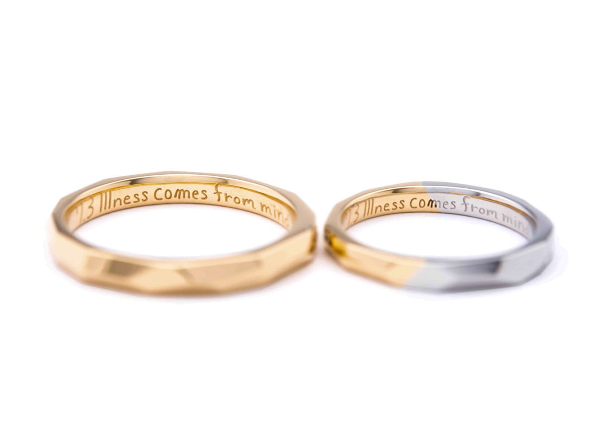 アンティークゴールド&プラチナのファセットデザインの結婚指輪 2