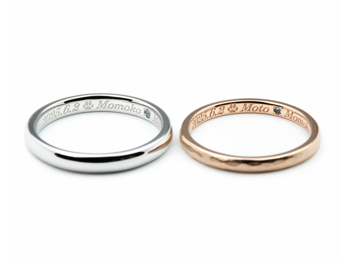 プラチナのシンプルな甲丸デザインとピンクゴールドにアンティーク加工がおしゃれな手作り結婚指輪 2