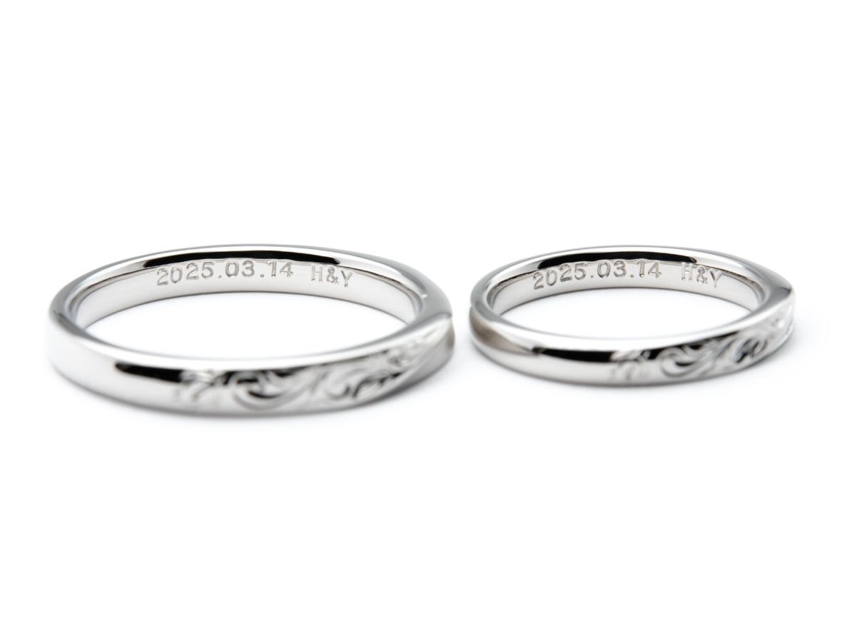 ホヌとプルメリアのハワイアン彫りが入った手作り結婚指輪 4