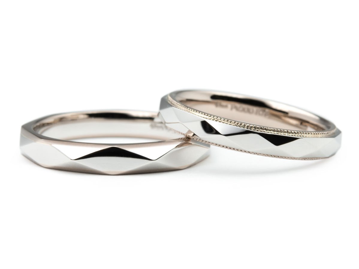 プラチナとシャンパンゴールドのおしゃれなファセットリング手作り結婚指輪 2