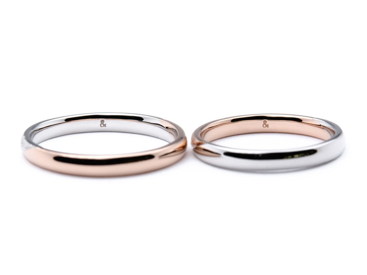 プラチナ×ローズゴールドの鏡面とシルクの2面を楽しめる手作り結婚指輪 3
