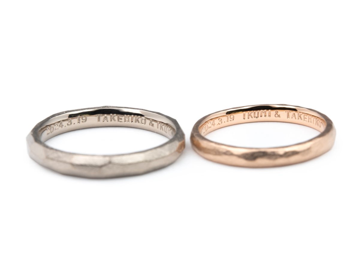 シャンパンゴールドとピンクゴールドのアンティーク手作り結婚指輪 2
