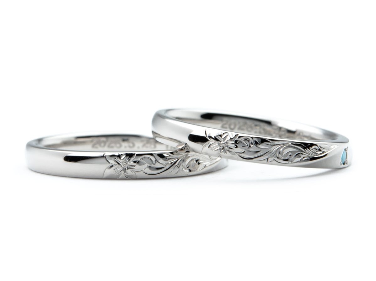 お互いの誕生石をお留めしたひねり×ハワイアン彫りの手作り結婚指輪 3
