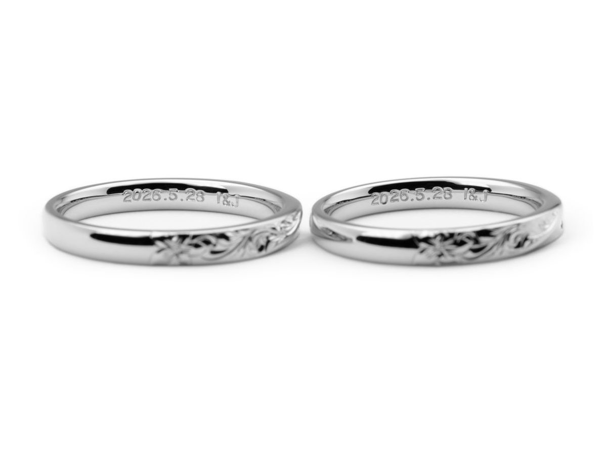 お互いの誕生石をお留めしたひねり×ハワイアン彫りの手作り結婚指輪 4